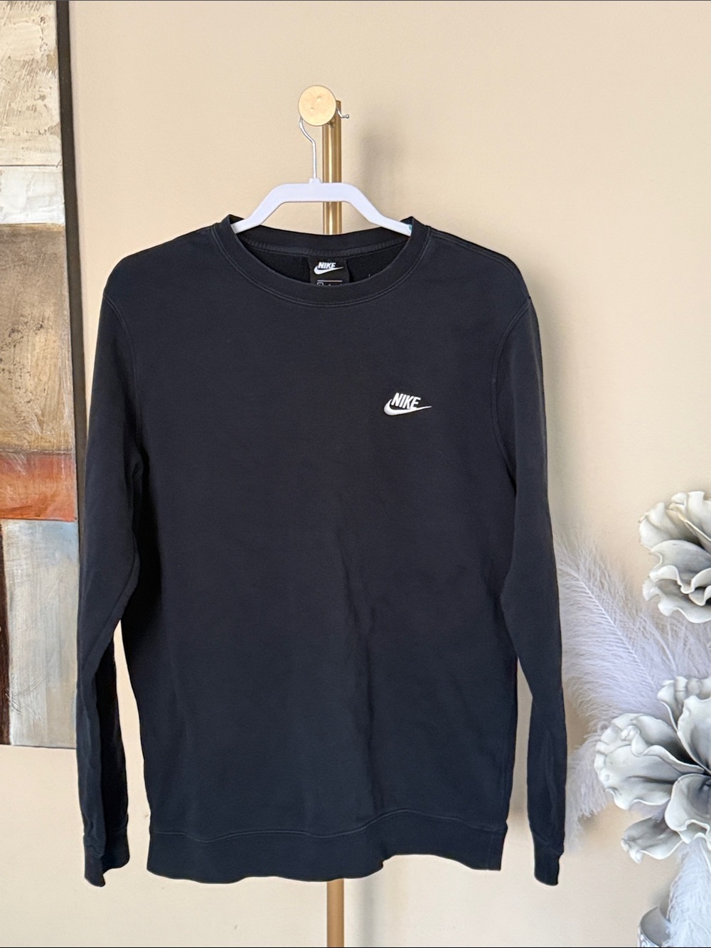 Nike Men’s Black Crew Sweatshirt with White Swoosh